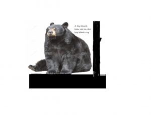 Czarny niedźwiedź siedzi na czarnym podłożu obok czarnego pnia. Obok niedźwiedzia napis: "A big black bear sat on the big black rug."