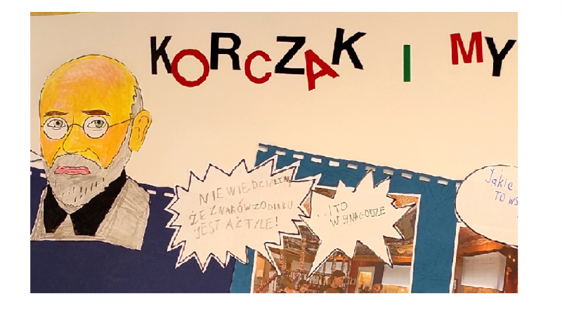 Fragment pracy plastycznej - komiksu, po lewej stronie rysunek popiersia Janusza Korczaka.